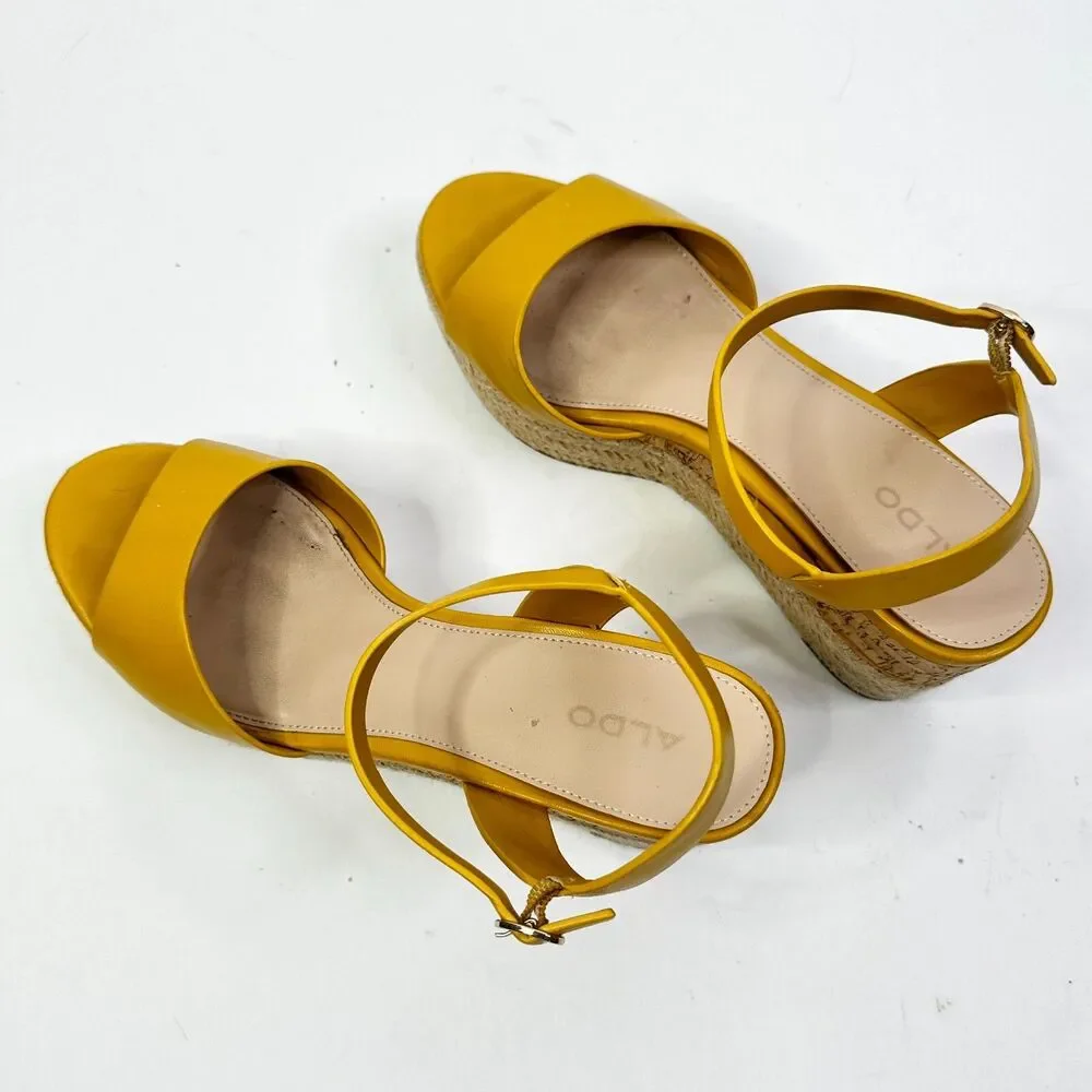 Aldo Sandals Women 9 Yellow Cork Platform Wedge Shoe Ankle Strap Festival Boho